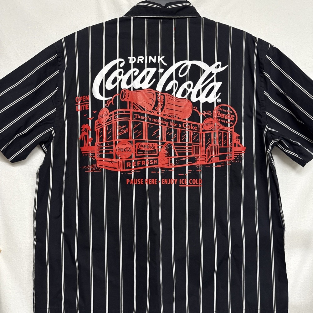 Men's Coca-Cola Button Up Shirt Black Pinstripe Short Sleeve w/retro logo
